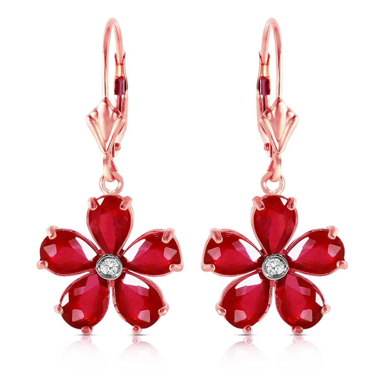 14K Solid Rose Gold Leverback Earrings w/ Rubies & Diamonds