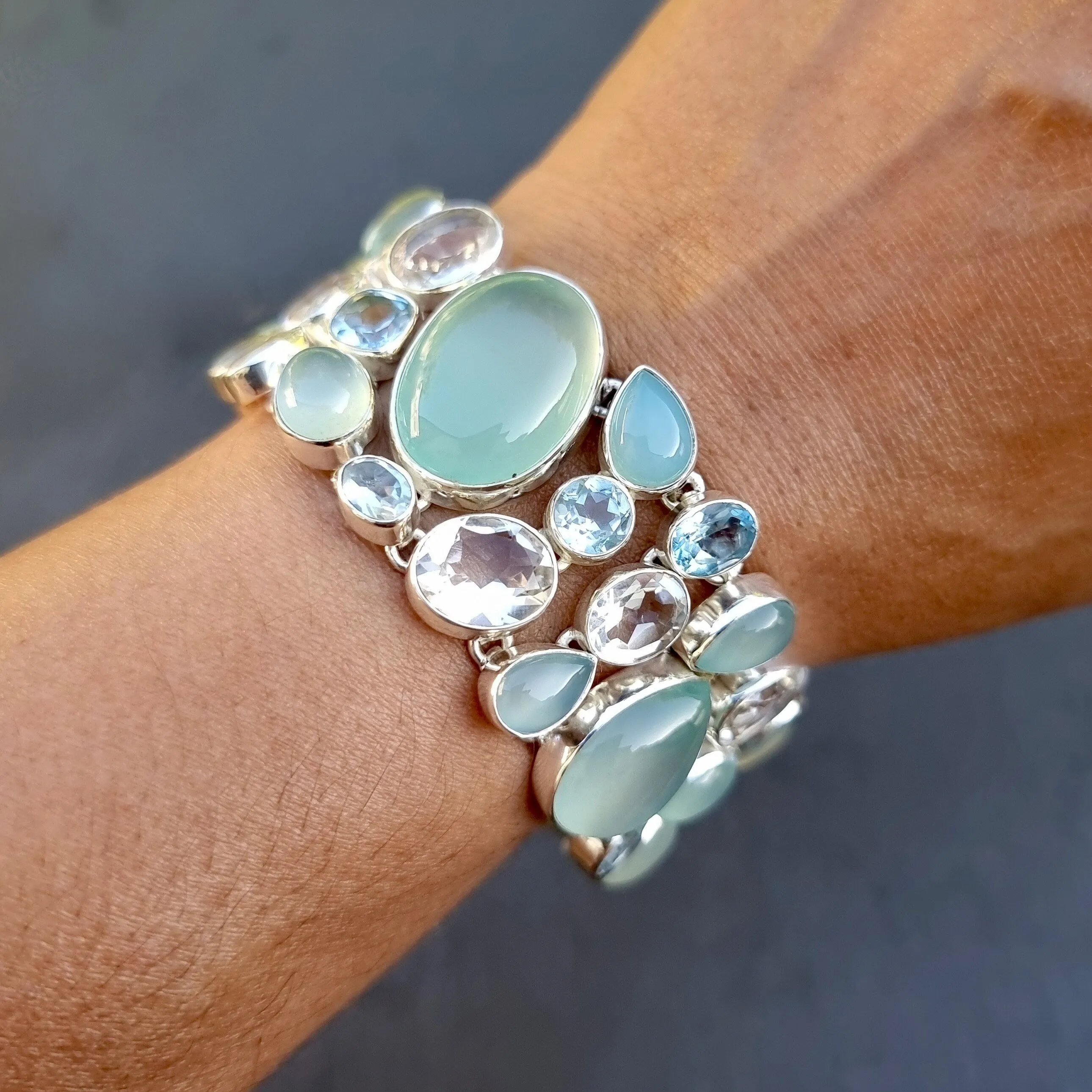 Chalcedony, Blue Topaz, Clear Quartz Multi Stone Bracelet, CALCBL1