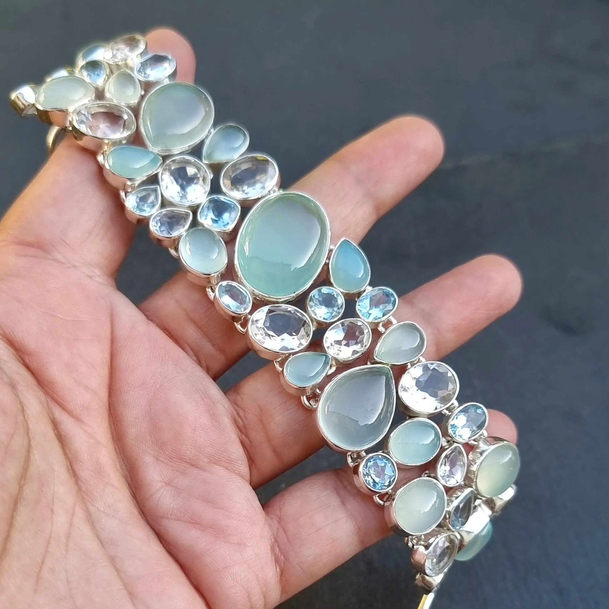 Chalcedony, Blue Topaz, Clear Quartz Multi Stone Bracelet, CALCBL1