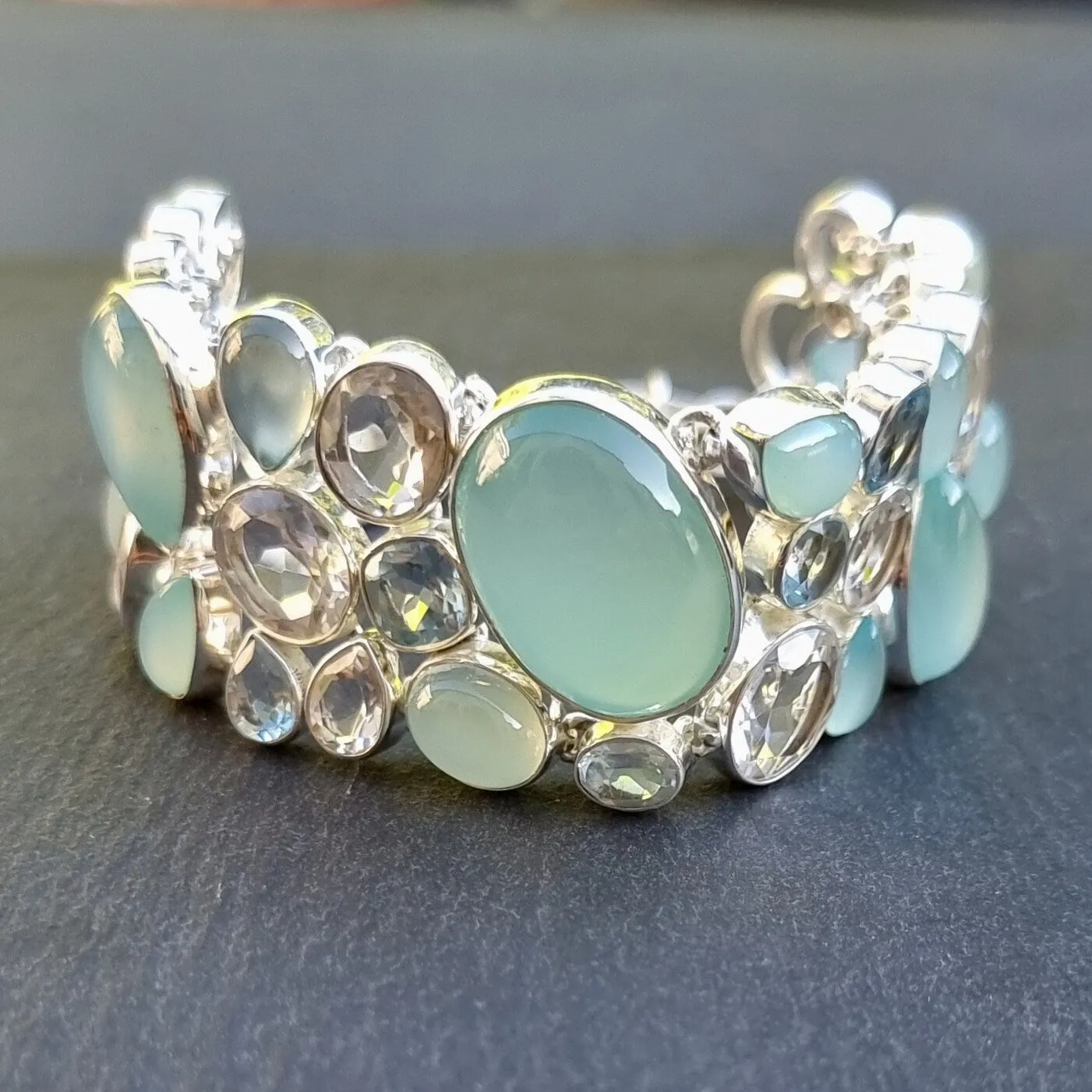 Chalcedony, Blue Topaz, Clear Quartz Multi Stone Bracelet, CALCBL1
