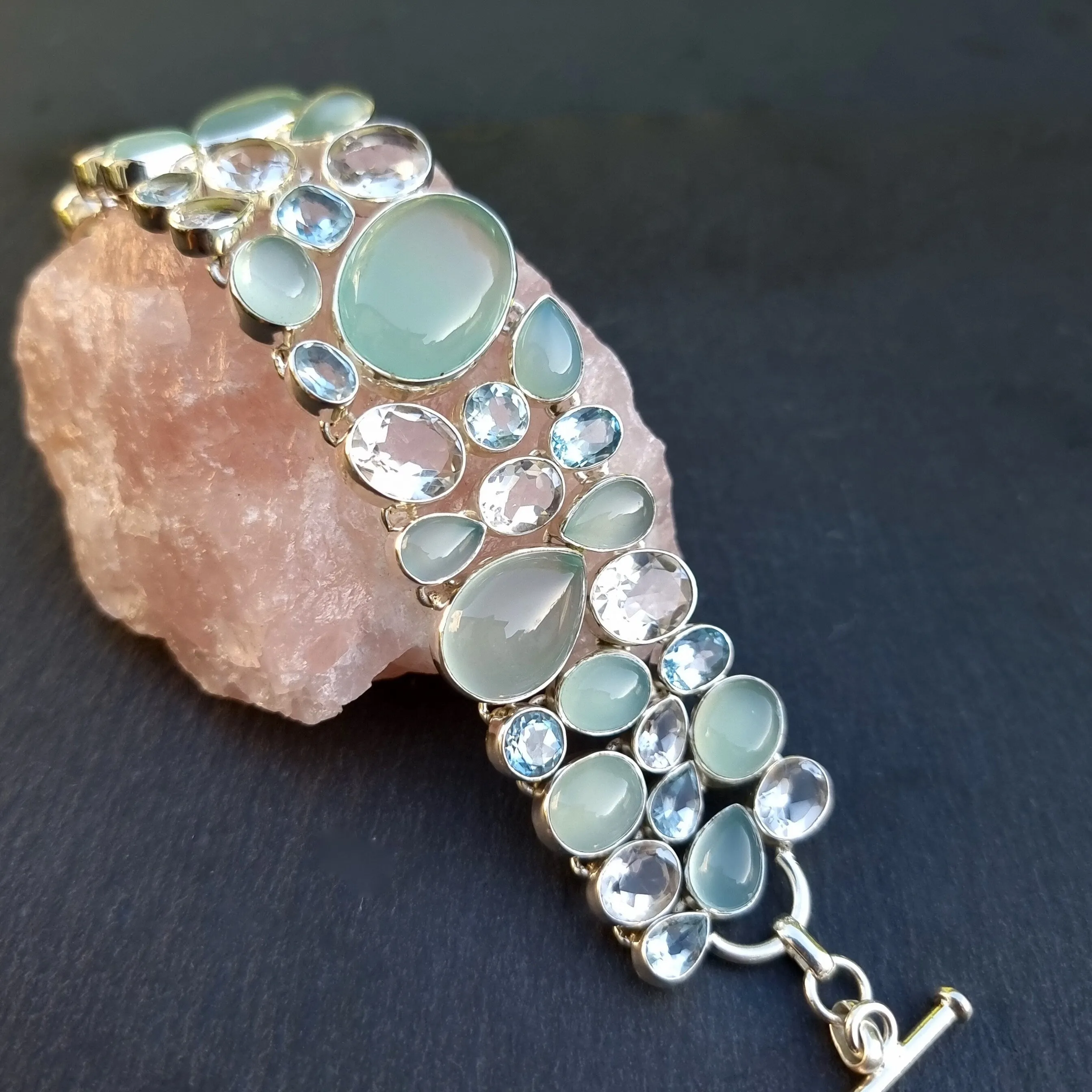 Chalcedony, Blue Topaz, Clear Quartz Multi Stone Bracelet, CALCBL1