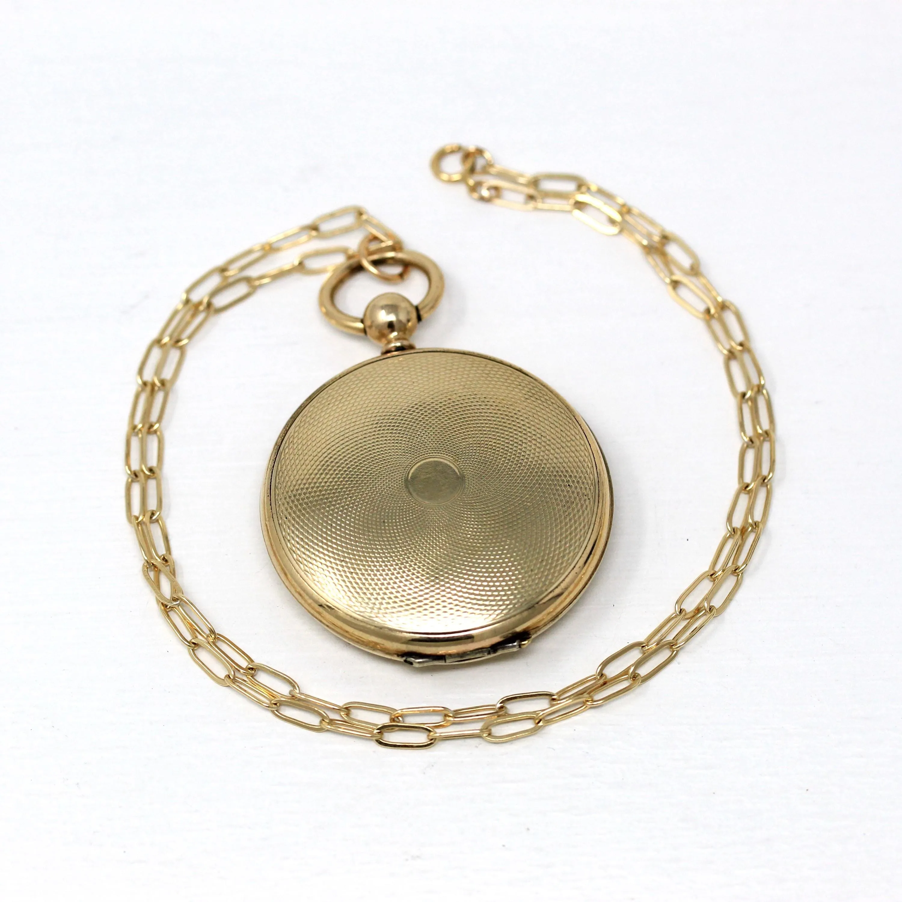 Large Antique Locket - Victorian Gold Filled Pocket Watch Engine Turned Pendant Necklace Fob - Circa 1890s Era Keepsake Photograph Jewelry