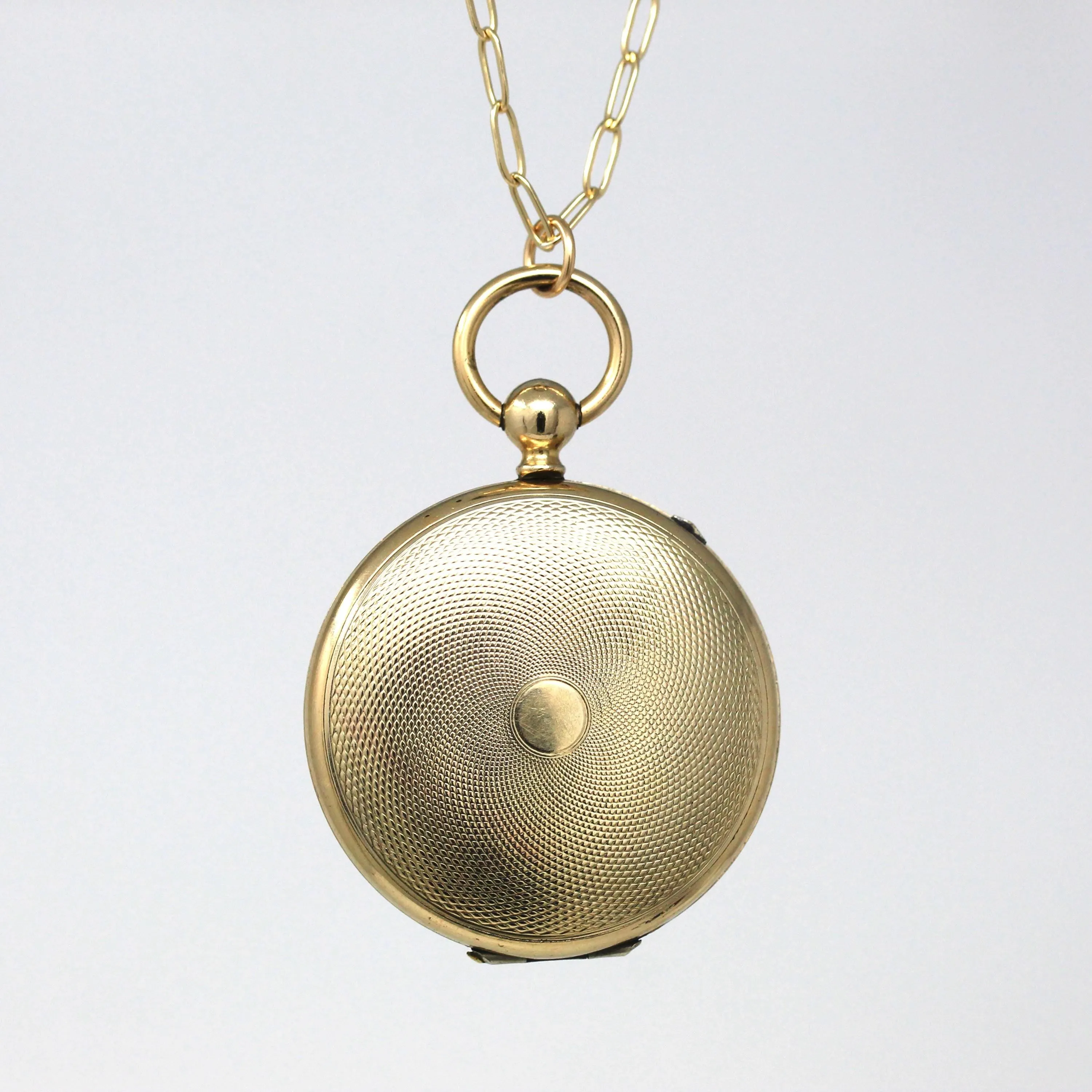 Large Antique Locket - Victorian Gold Filled Pocket Watch Engine Turned Pendant Necklace Fob - Circa 1890s Era Keepsake Photograph Jewelry