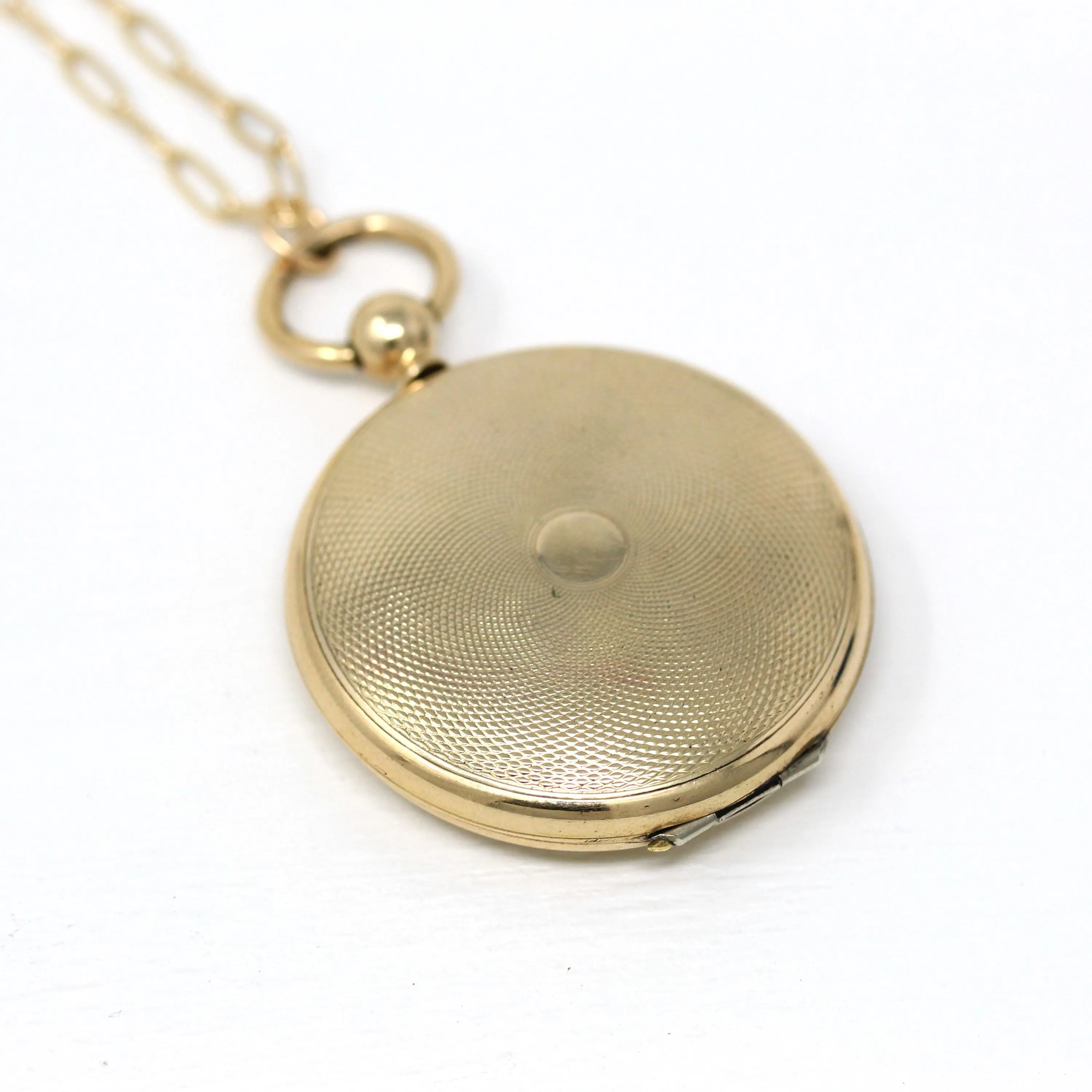 Large Antique Locket - Victorian Gold Filled Pocket Watch Engine Turned Pendant Necklace Fob - Circa 1890s Era Keepsake Photograph Jewelry