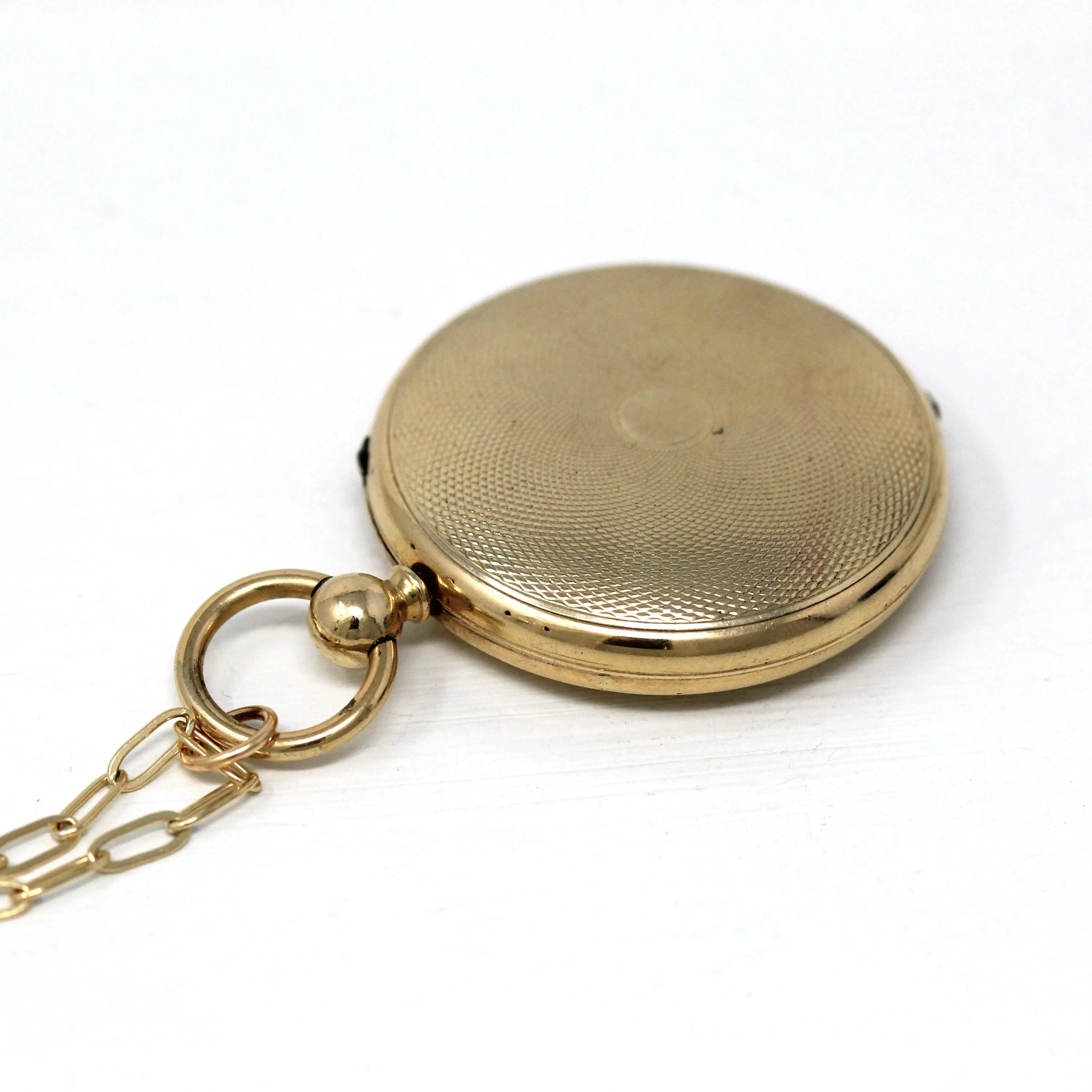 Large Antique Locket - Victorian Gold Filled Pocket Watch Engine Turned Pendant Necklace Fob - Circa 1890s Era Keepsake Photograph Jewelry