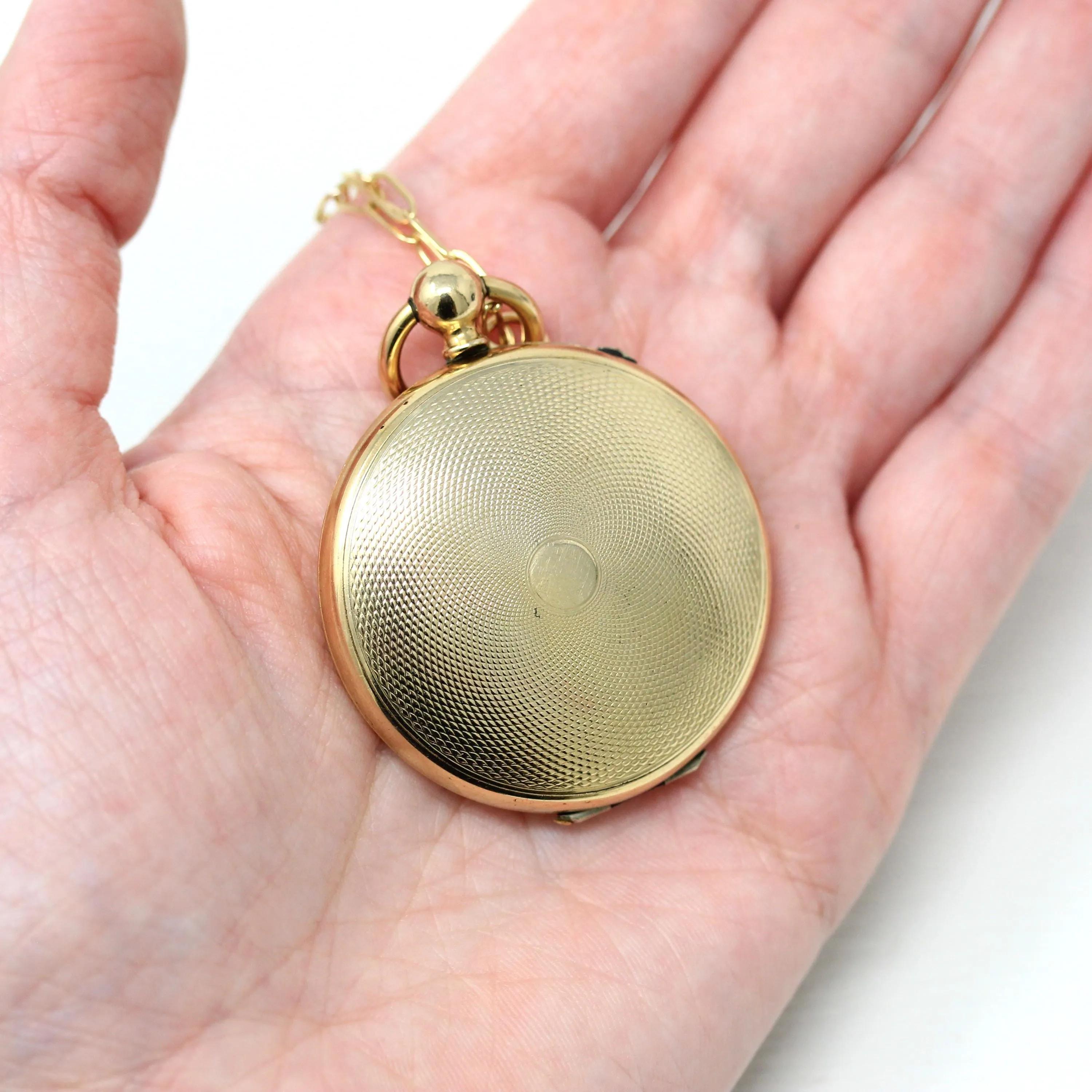 Large Antique Locket - Victorian Gold Filled Pocket Watch Engine Turned Pendant Necklace Fob - Circa 1890s Era Keepsake Photograph Jewelry
