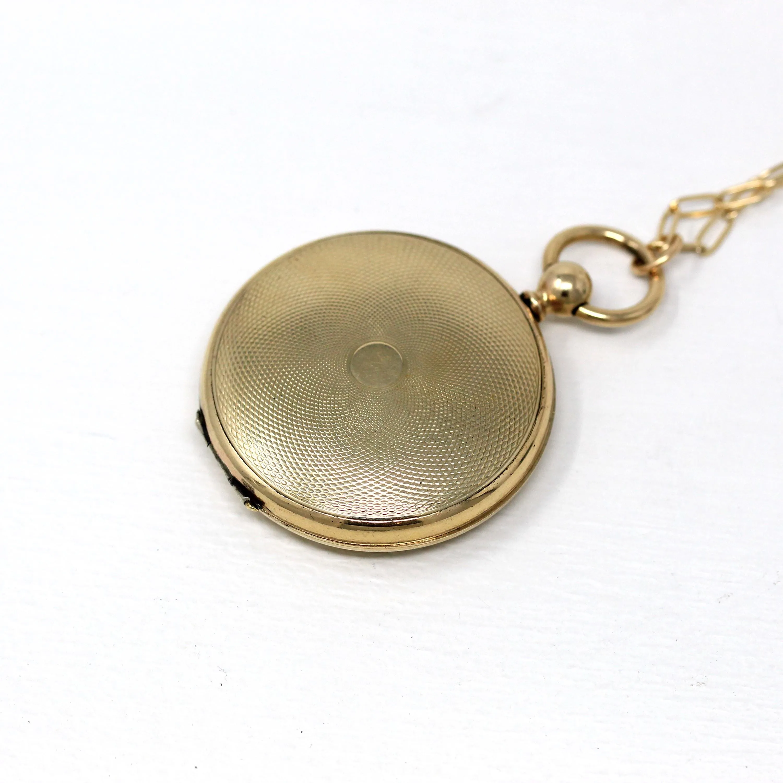 Large Antique Locket - Victorian Gold Filled Pocket Watch Engine Turned Pendant Necklace Fob - Circa 1890s Era Keepsake Photograph Jewelry