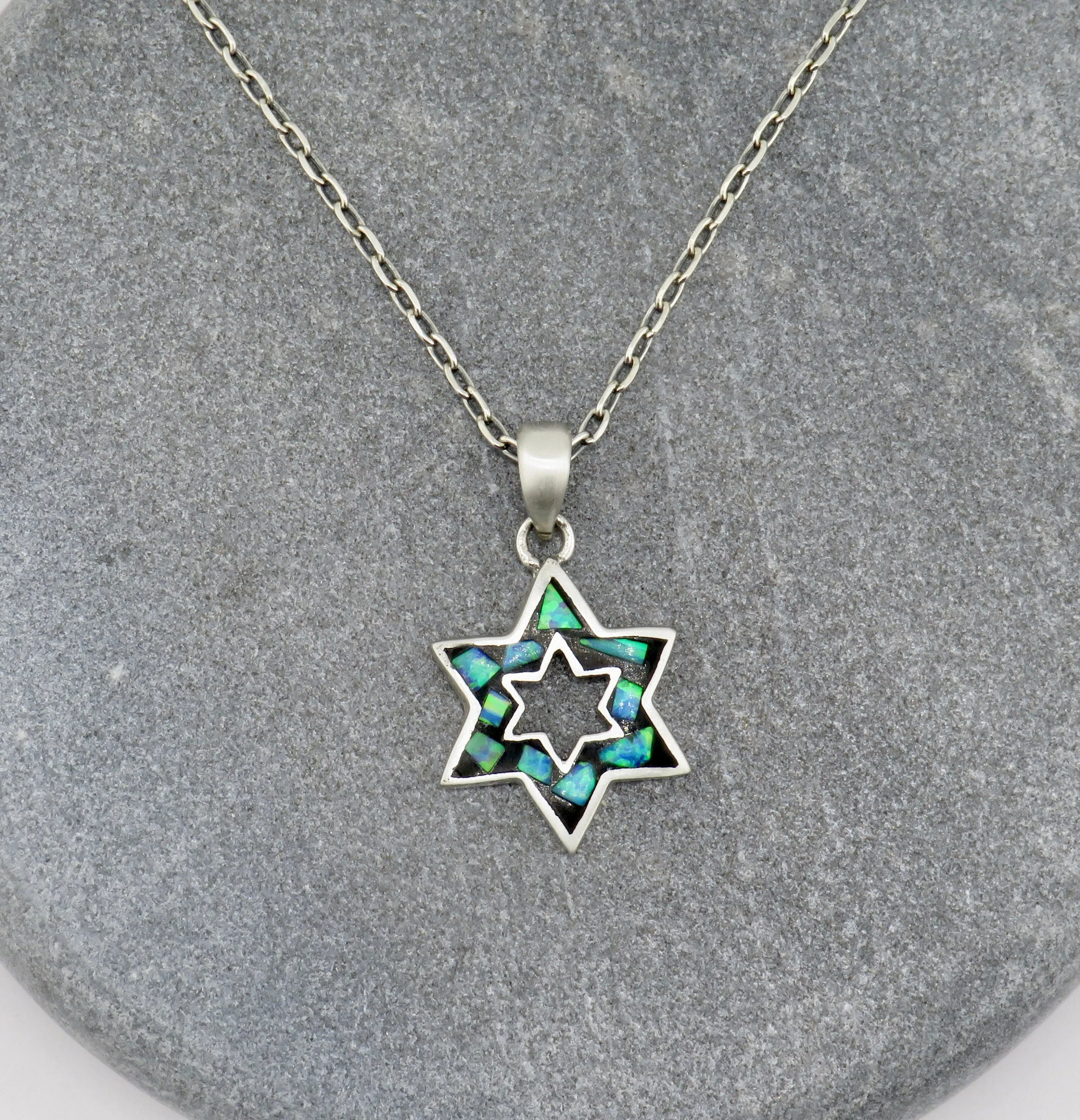 Mosaic Opal Open Star of David Necklace