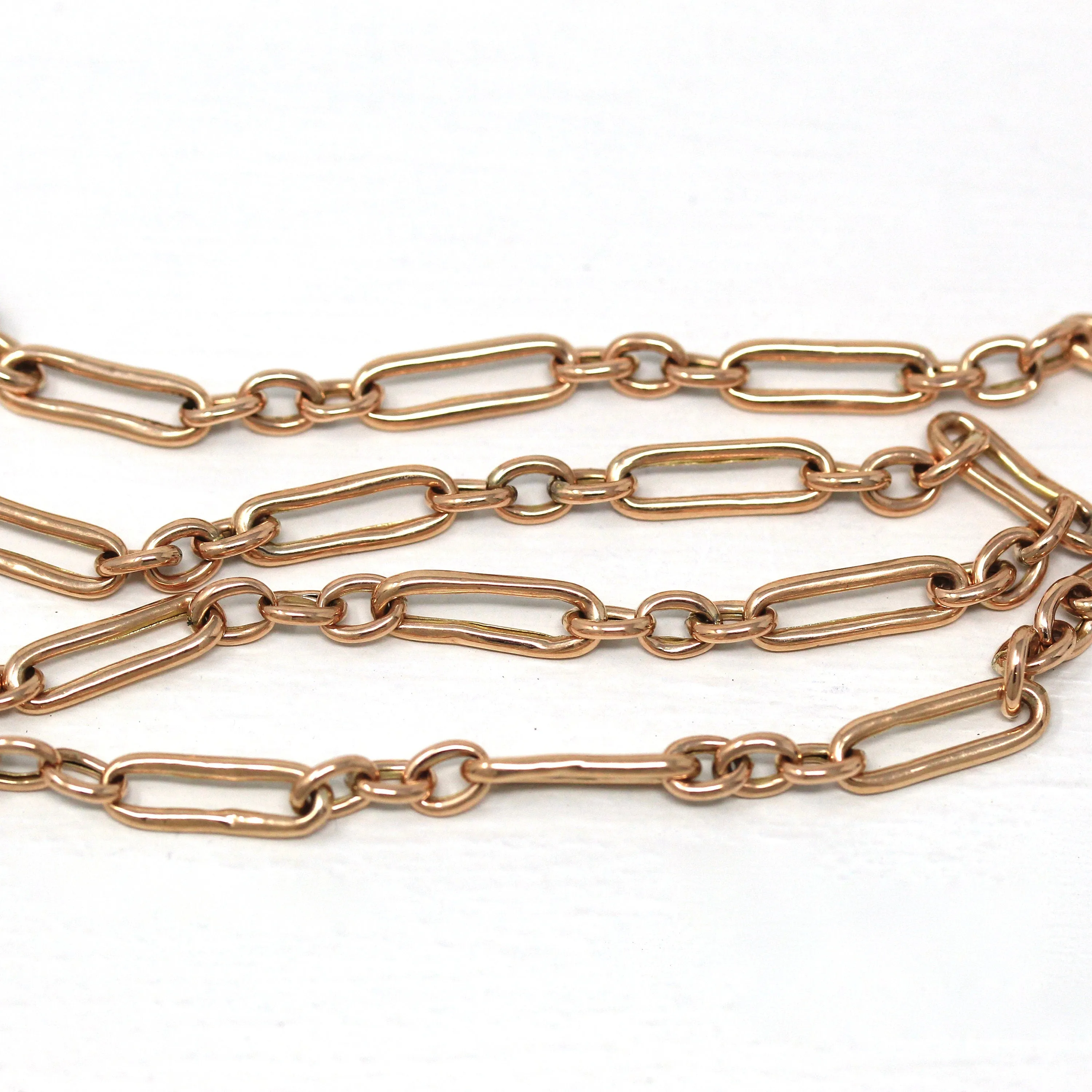 Sale - Pocket Watch Chain - Antique 9ct Rose Gold Trombone T Bar Spring Ring Swivel Necklace - Edwardian 1910s Fashion Accessory Jewelry