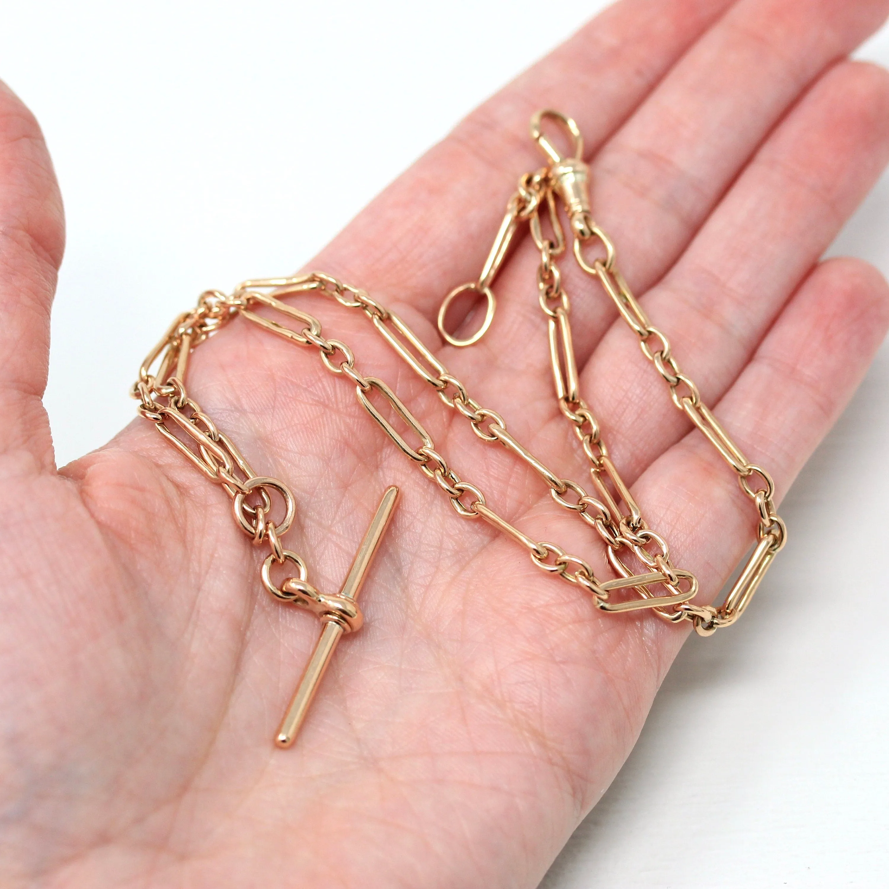 Sale - Pocket Watch Chain - Antique 9ct Rose Gold Trombone T Bar Spring Ring Swivel Necklace - Edwardian 1910s Fashion Accessory Jewelry