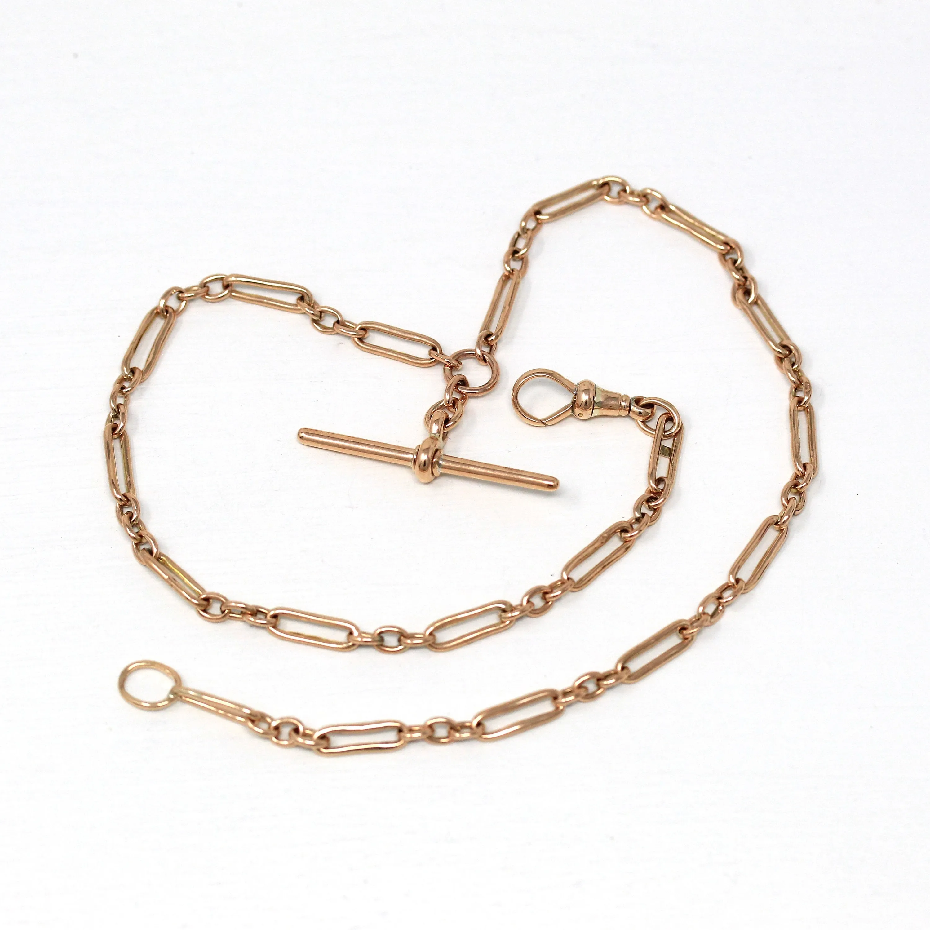 Sale - Pocket Watch Chain - Antique 9ct Rose Gold Trombone T Bar Spring Ring Swivel Necklace - Edwardian 1910s Fashion Accessory Jewelry