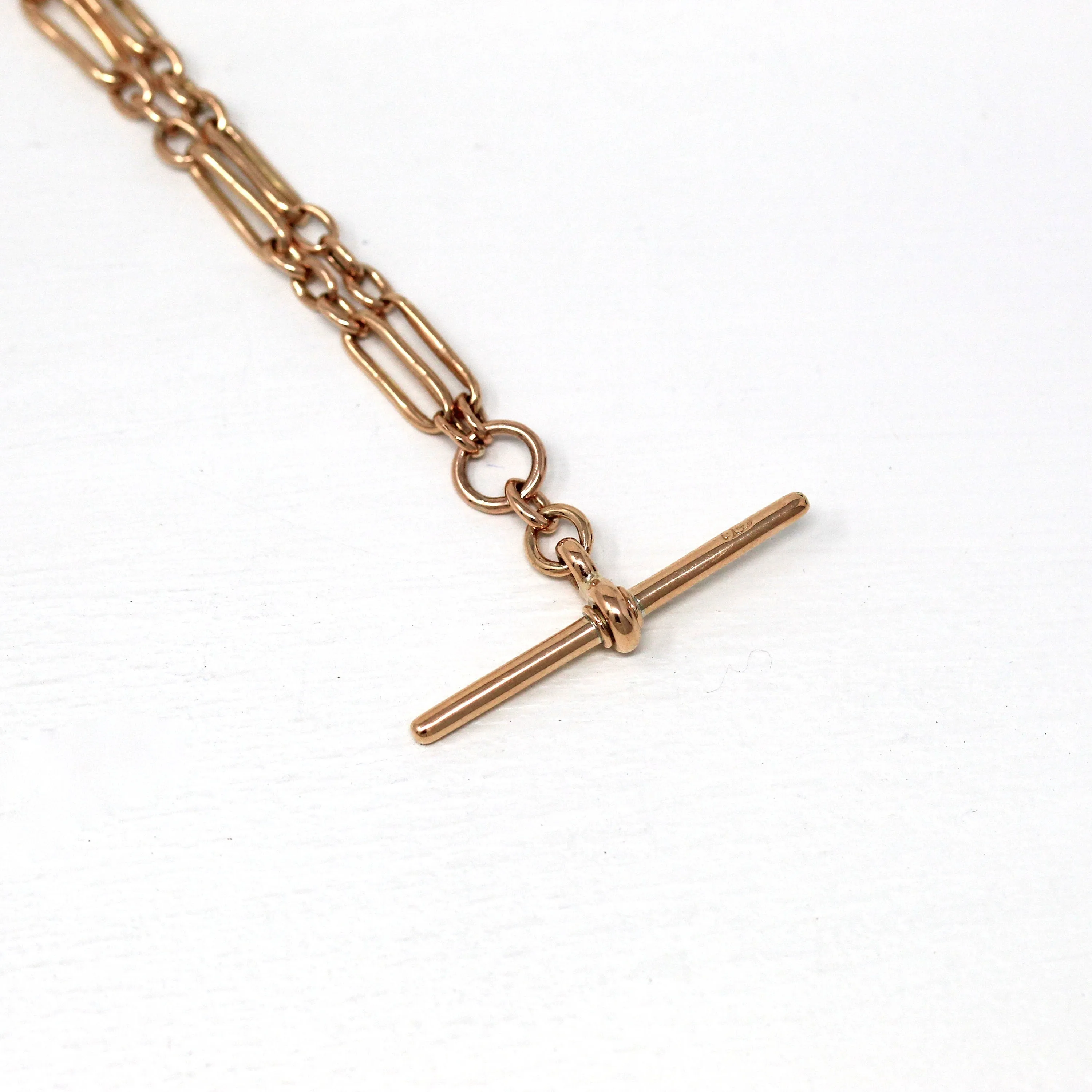 Sale - Pocket Watch Chain - Antique 9ct Rose Gold Trombone T Bar Spring Ring Swivel Necklace - Edwardian 1910s Fashion Accessory Jewelry