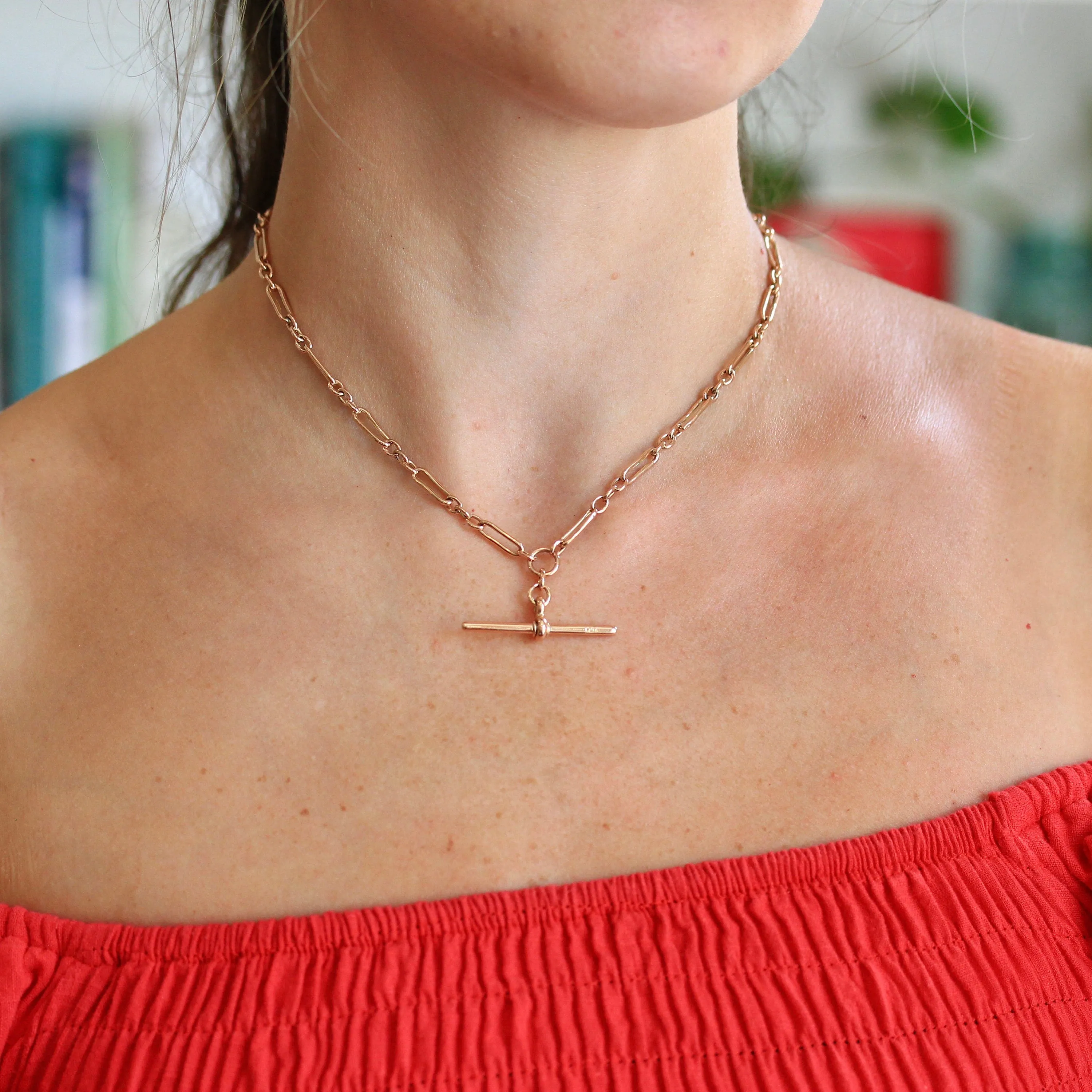 Sale - Pocket Watch Chain - Antique 9ct Rose Gold Trombone T Bar Spring Ring Swivel Necklace - Edwardian 1910s Fashion Accessory Jewelry